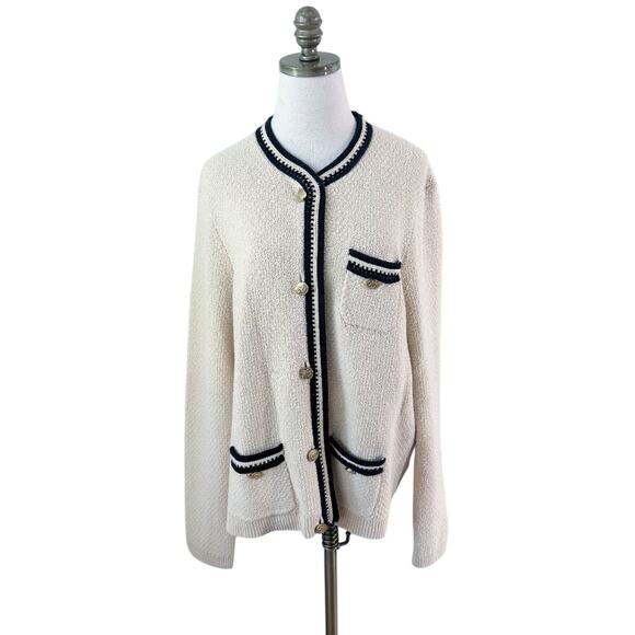 J. Crew Cream/Navy Contrast-Trim Cardigan Women's Size XXL Button Up Relaxed Fit - Picture 2 of 11